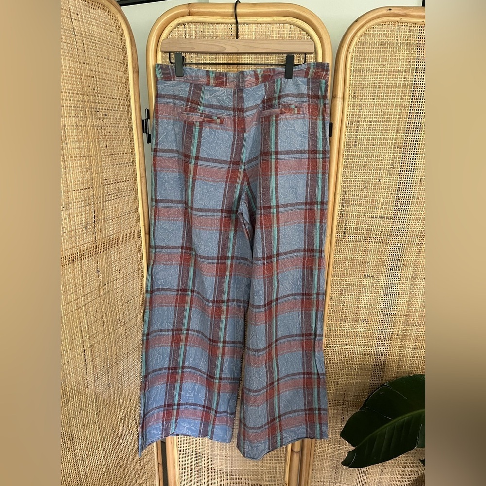 By Anthropologie - Plaid Wide Leg Pants Blue Burgundy - Picture 6 of 9